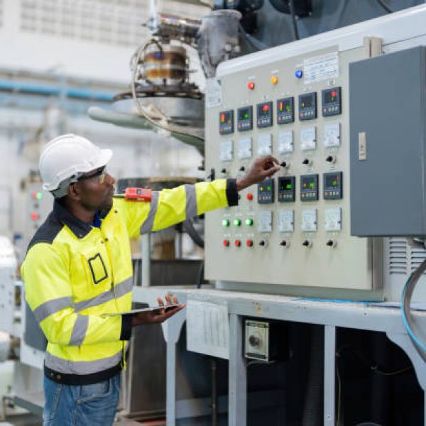 american engineer Hand adjusting a switch on the production control board of a machine. in the plastic and steel industry He is holding a tablet Wear uniforms and helmets.